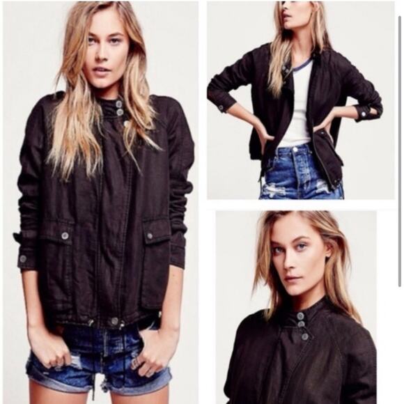 Free People Jackets & Blazers - Free People Double Cloth Black Bomber Zip Up Jacket